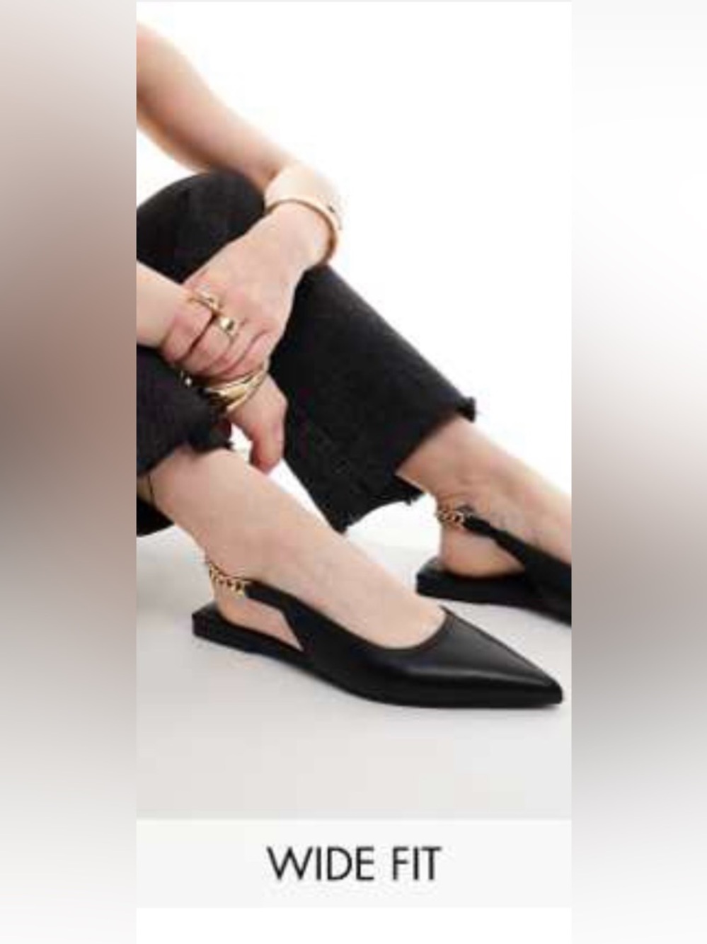 ASOS Black Pointed Wide-Fit Slingback Flats with Gold Chain Accent